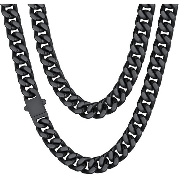 Other - Men's 12mm Width Steel Black 18K Gold Plated Cuban Durable Hip Hop Chain Jewelry